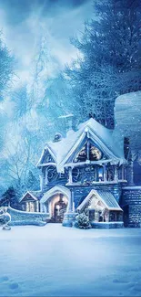 A charming snow-covered cottage in a mystical winter forest scene.