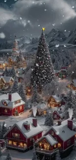 Winter village with tall Christmas tree covered in snow.