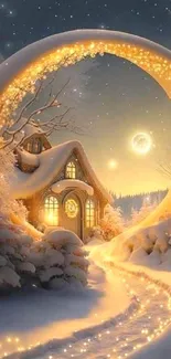 Magical winter night with glowing path through the snow toward a cozy house.