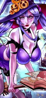 Anime witch with purple tones and vibrant colors in enchanting artwork.