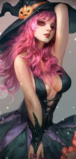 Artistic wallpaper featuring a pink-haired witch with a pumpkin hat.