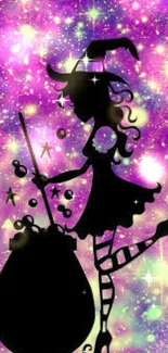 Silhouette of a witch on a galaxy background with magical sparkles.