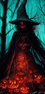 Witch with pumpkin lanterns in a mystical, blue forest setting.