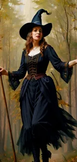 A witch in a flowing black dress, walking in an autumn forest.