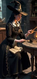 A witch in a medieval room crafting potions with warm candlelight.