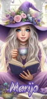 Whimsical witch in purple attire, sitting and reading.