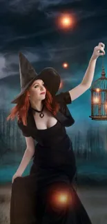 Witch in dark forest holding glowing lantern.