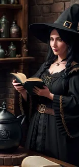 Witch reading a book in a mystical room setting, with cauldron and shelves.