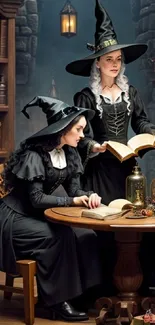 Two witches in a library setting with books and a cat.