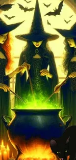 Three witches conjuring spells by a cauldron beneath the moonlight.