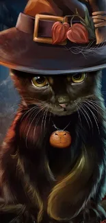 Mystical black cat with witch hat artwork.