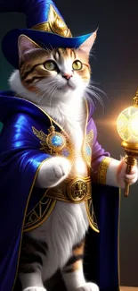 Fantasy wallpaper featuring a wizard cat in a blue robe with a glowing staff.