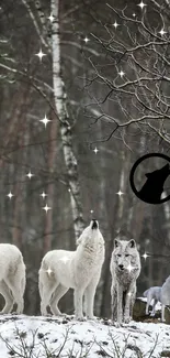 Wolves standing in a snowy forest with starry lights.