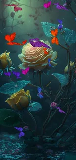 Dark teal wallpaper with glowing yellow roses in a mystical garden.