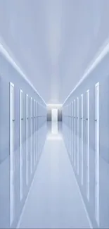 Symmetrical white corridor with doors and reflective floors creating depth.