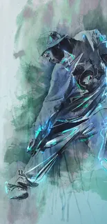 Energetic abstract dance with neon blue highlights.