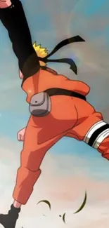 Anime character in orange suit jumping energetically against a sky backdrop.