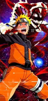 Anime character in action with cosmic red background.