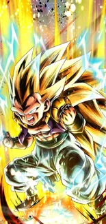 Anime character with golden aura and electric energy burst in vibrant style.