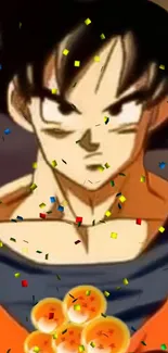 Anime character with orange outfit and confetti.