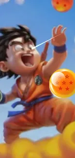 Anime character reaching for orange Dragon Ball in vibrant sky.