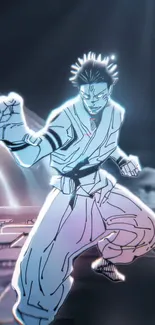 Anime fighter in action pose with glowing effects.