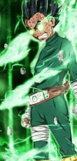 Anime character with green aura surrounded by floating rocks.