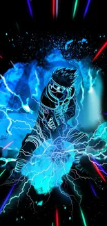 Anime character surrounded by lightning in vibrant blue and black design.