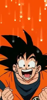 Anime character against an orange background, exuding energy.