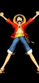 Energetic anime character with arms raised on black background.