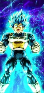 Anime character with glowing blue energy aura in dynamic pose.