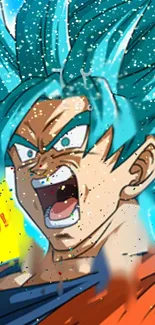 Energetic anime character with blue hair and a dynamic expression.