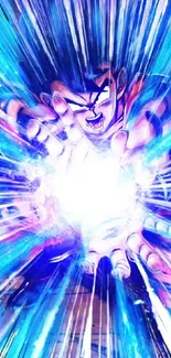 Anime character releasing a dynamic blue energy burst in action scene.