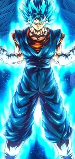 Anime character emanating blue energy aura in powerful stance.