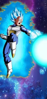 Anime warrior emits blue energy in cosmos backdrop.