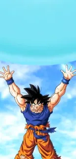 Anime warrior raising hands beneath bright blue sky.