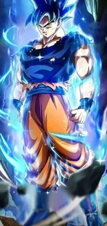 Anime warrior with a glowing blue aura on a mobile wallpaper.