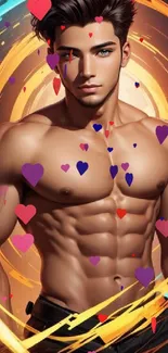 Muscular man with hearts and vivid swirls.