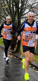 Runners in vibrant gear during autumn run.