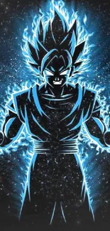 Anime character with blue energy aura against a starry background.