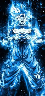 Anime character surrounded by vibrant blue energy aura.