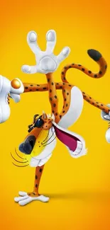 Energetic cartoon cheetah wallpaper with an orange background.