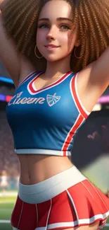 Cheerleader in blue and red costume at sports stadium.