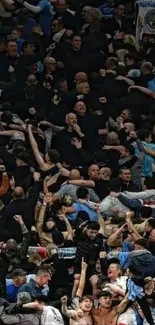 Crowd of fans celebrating at a sports event with enthusiasm.