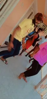 Group of people dancing energetically in vibrant colors.