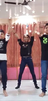 Three young people dancing energetically with star effects in a warm, indoor setting.