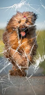 Fluffy dog joyfully running along a scenic path in nature.