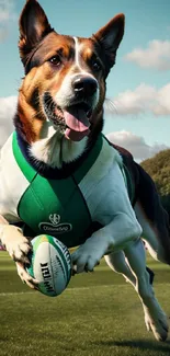 A lively dog in a green jersey playing rugby on a sunny field.