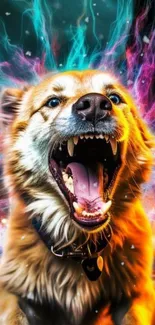 Roaring dog with vibrant lightning background.