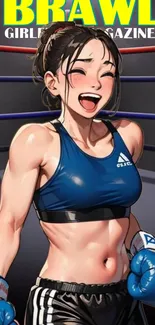 Vibrant anime female boxer in a ring.